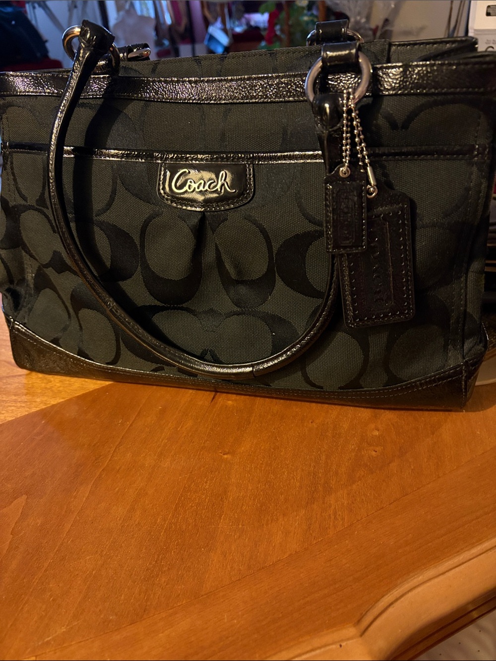Coach Black Signature Canvas Shoulder Bag with Patent Trim